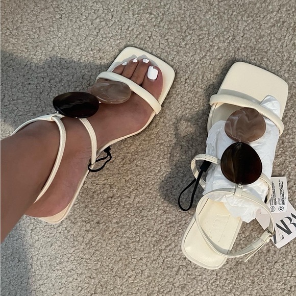 Zara Shoes - Zara ivory off white ecru brown stone detail strappy open toe heel sandals